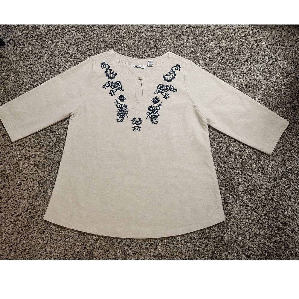 Carole Little Woman Beige Linen Embroidered Tunic Top Plus Size 2X Floral Boho